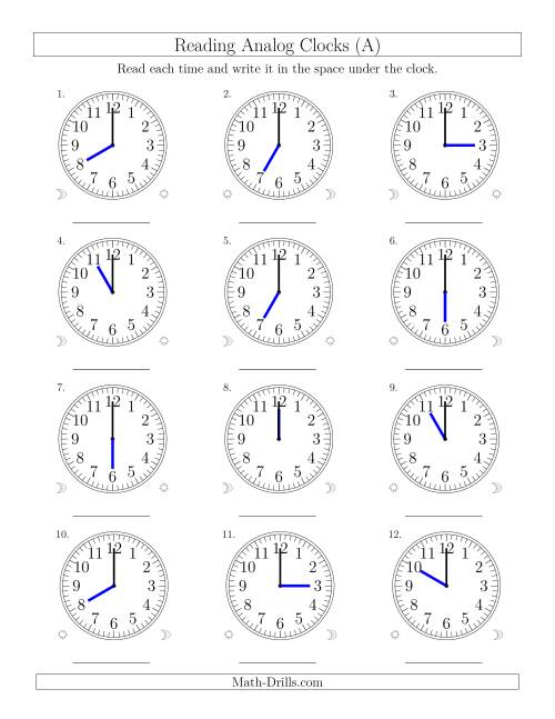 Reading Time on 12 Hour Analog Clocks in One Hour Intervals (Old)