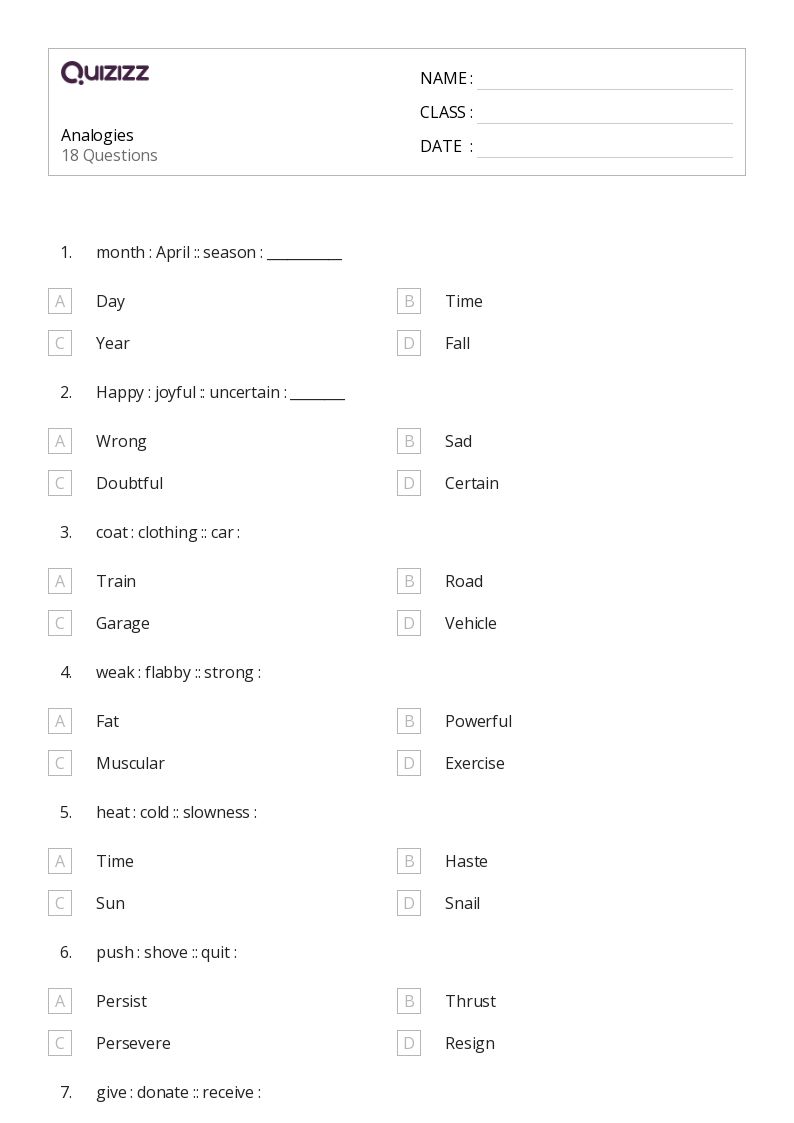 50+ Analogies worksheets for 5th Class on Quizizz | Free &  Printable