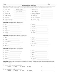 Analogy Practice Worksheet Worksheet for 7th - 11th Grade | Lesson ...