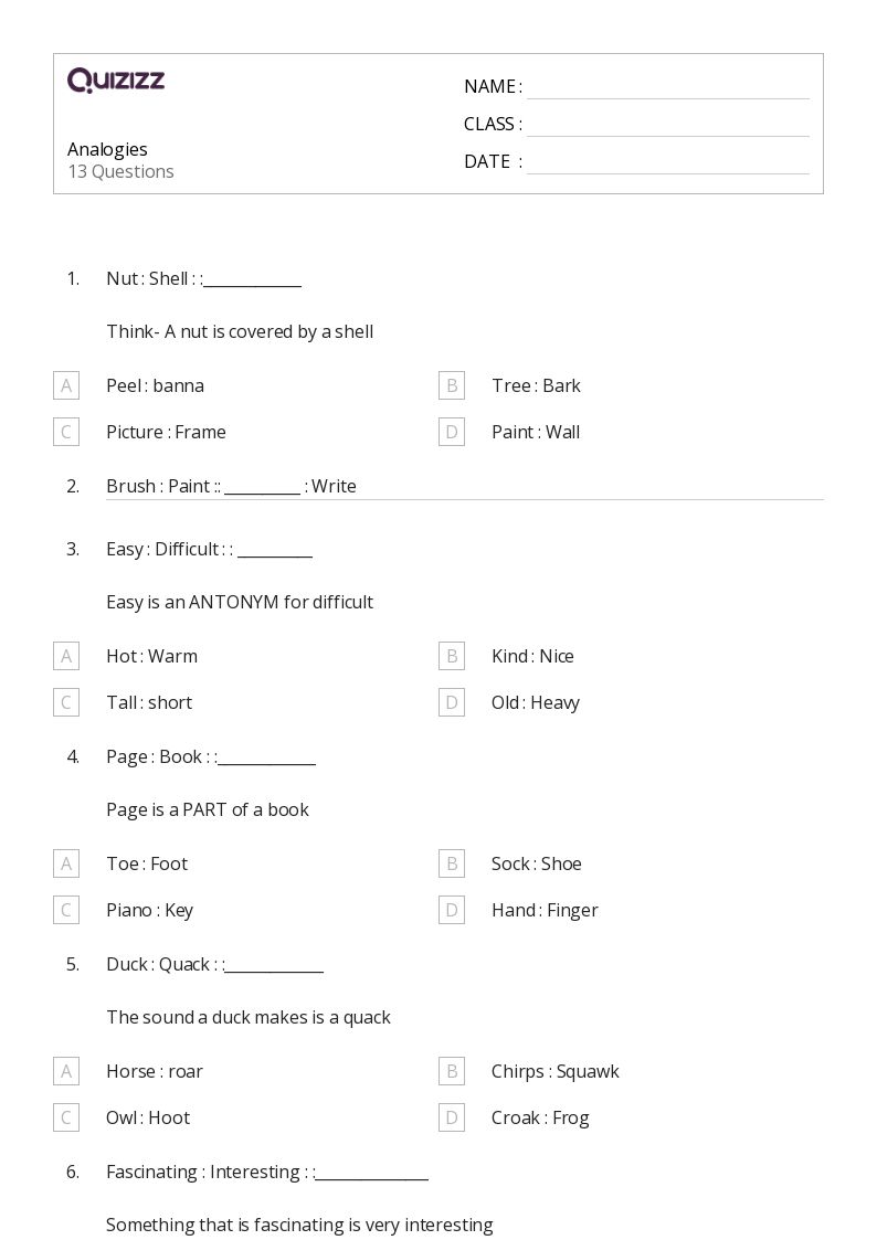 analogies worksheet 6th grade