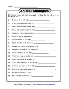 Animal Analogies Worksheet for 4th - 6th Grade | Lesson Planet