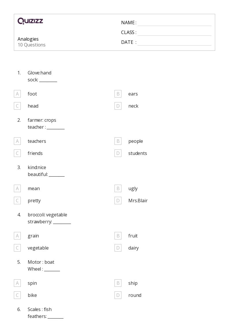 analogies worksheet 7th grade