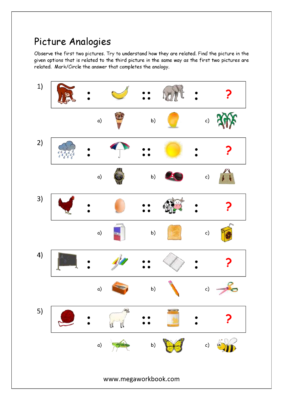 Free Printable Picture Analogy Worksheets - Logical Reasoning ...