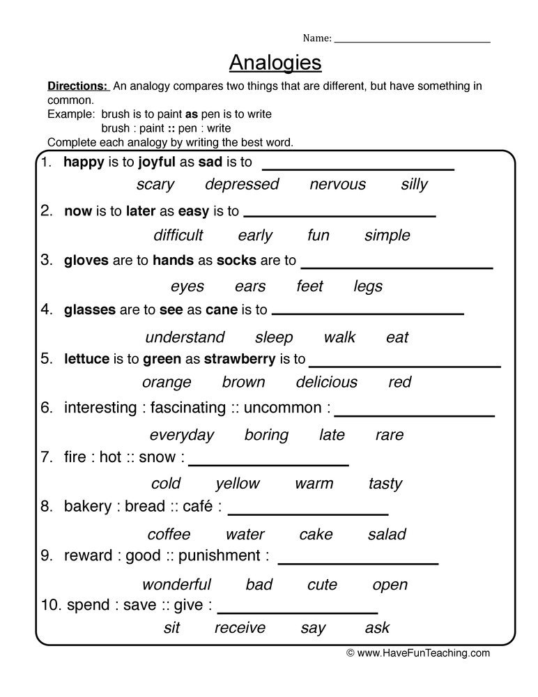 Analogies Multiple Choice Worksheet  