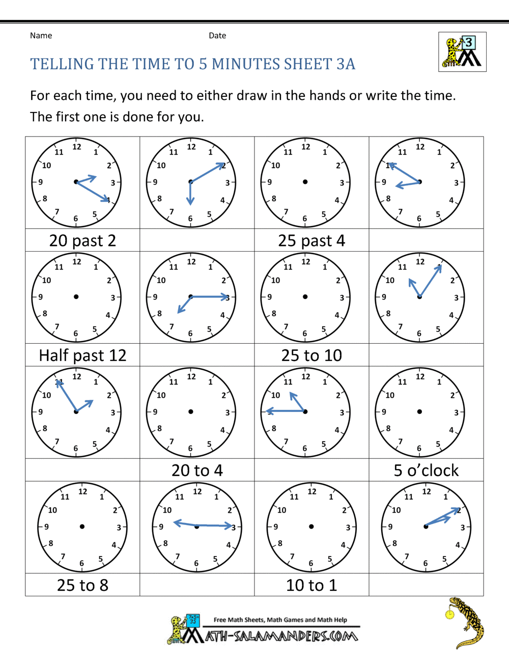 Telling Time to 5 minutes Worksheets