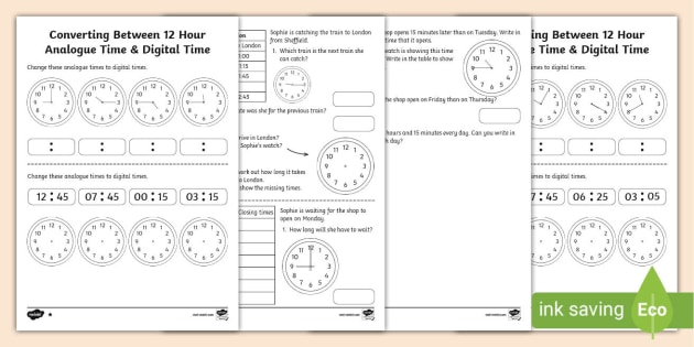 Converting Between 12 Hour Analogue Time &  Digital Time Worksheet