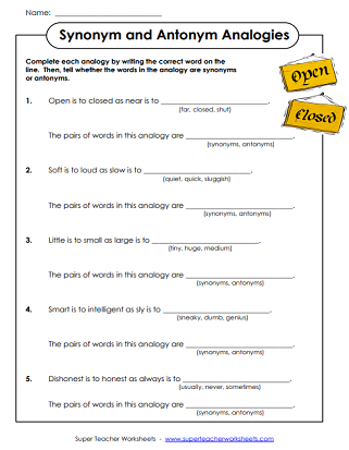 analogy worksheet and answer sheets