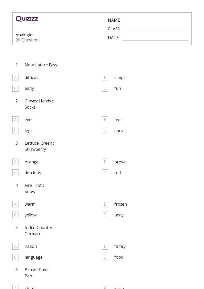 50+ Analogies worksheets for 2nd Class on Quizizz | Free &  Printable