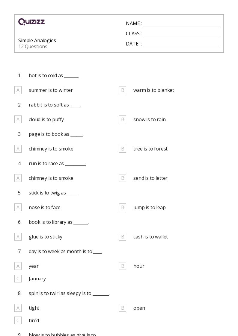 analogy worksheet for 5th grade