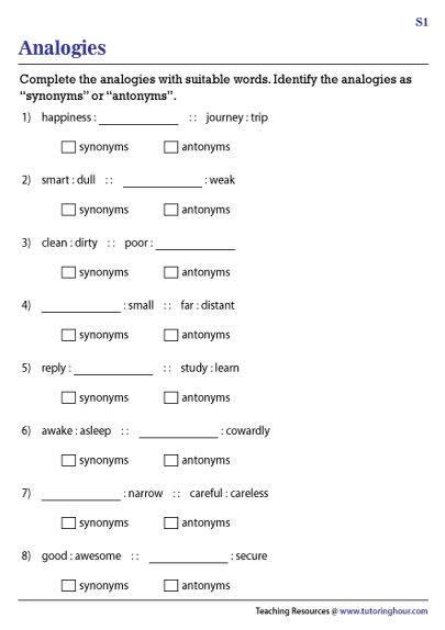 Synonyms and Antonyms Analogies Worksheets