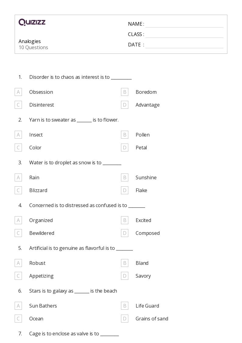 analogy worksheet for 6th grade