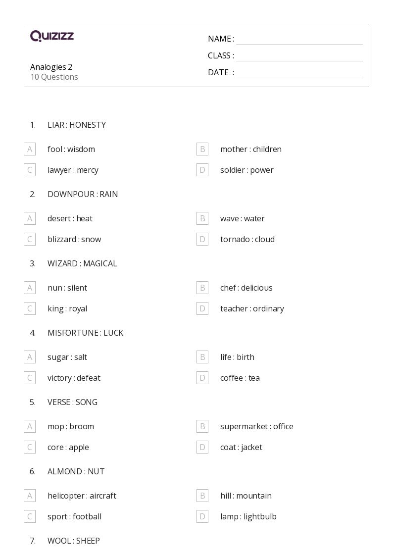 analogy worksheet for 6th grade