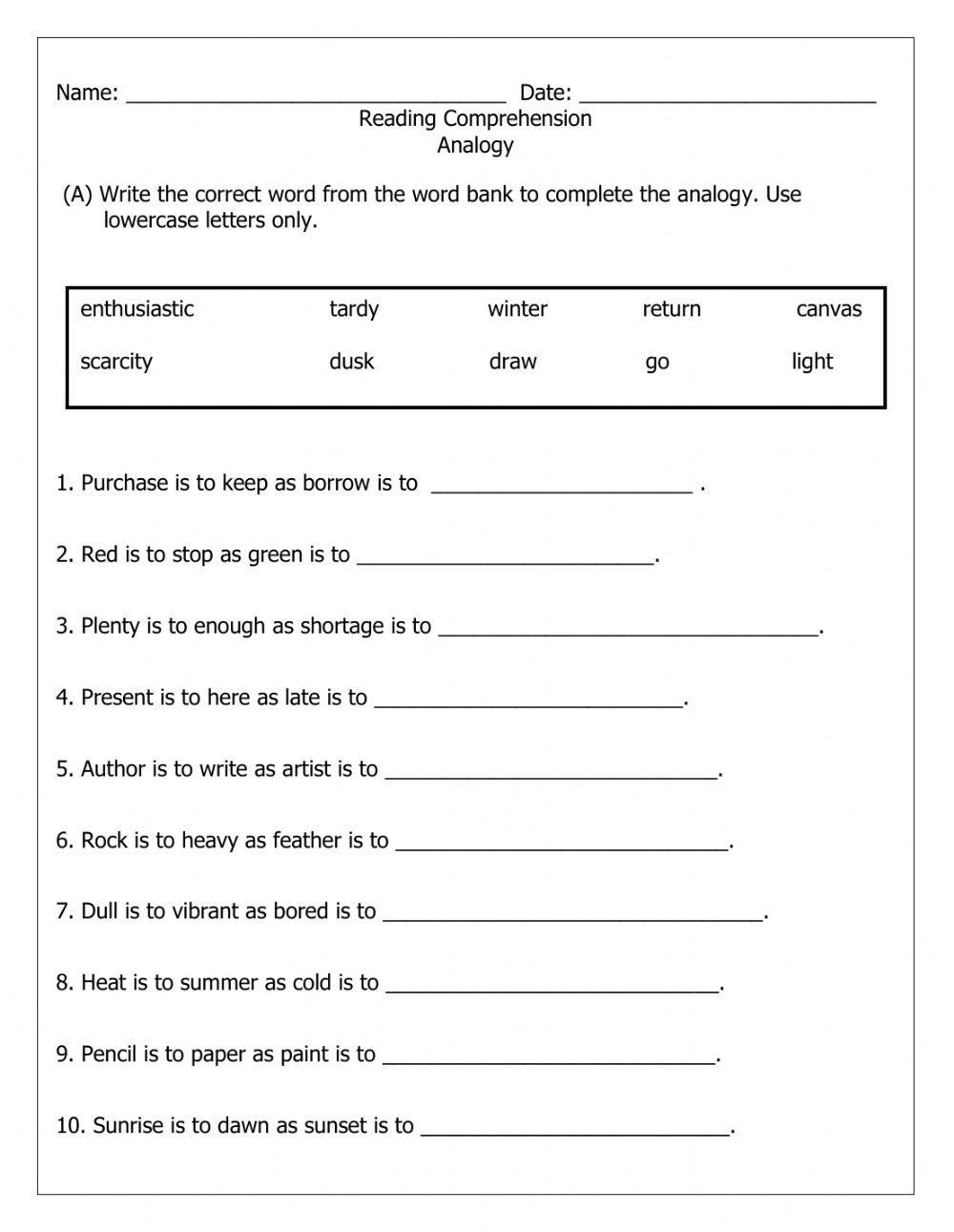 analogy worksheet for 6th grade