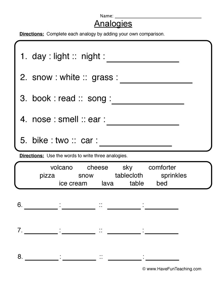 analogy worksheet for high school pdf