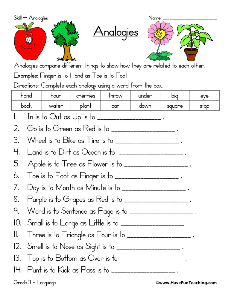Analogy Fill in the Blanks Worksheet  