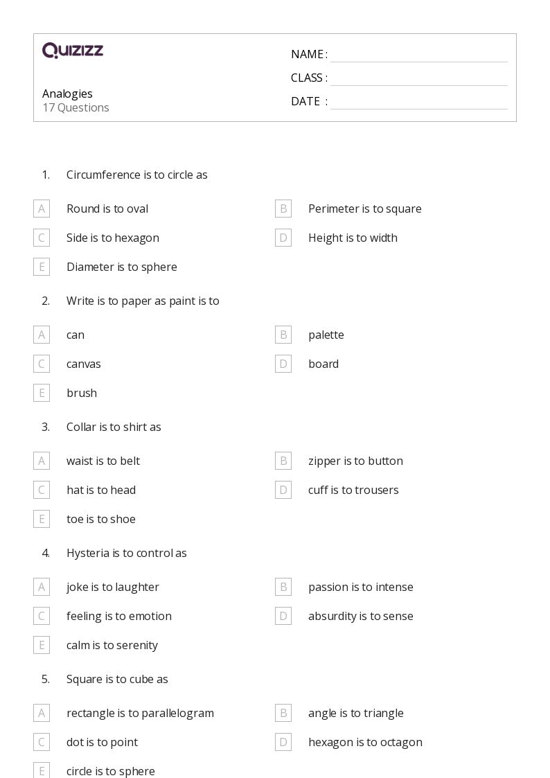 50+ Analogies worksheets for 2nd Class on Quizizz | Free &  Printable