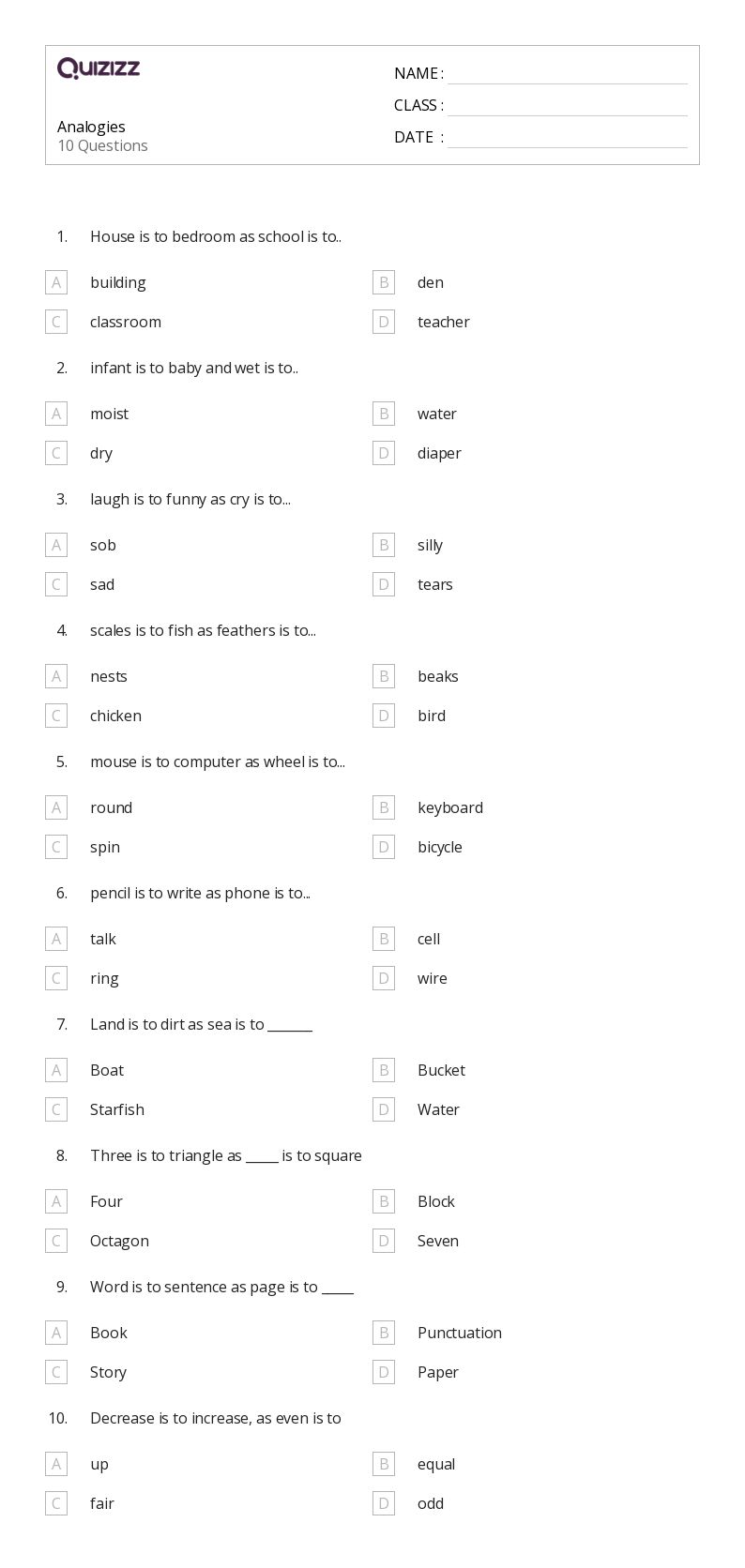 analogy worksheet grade 5