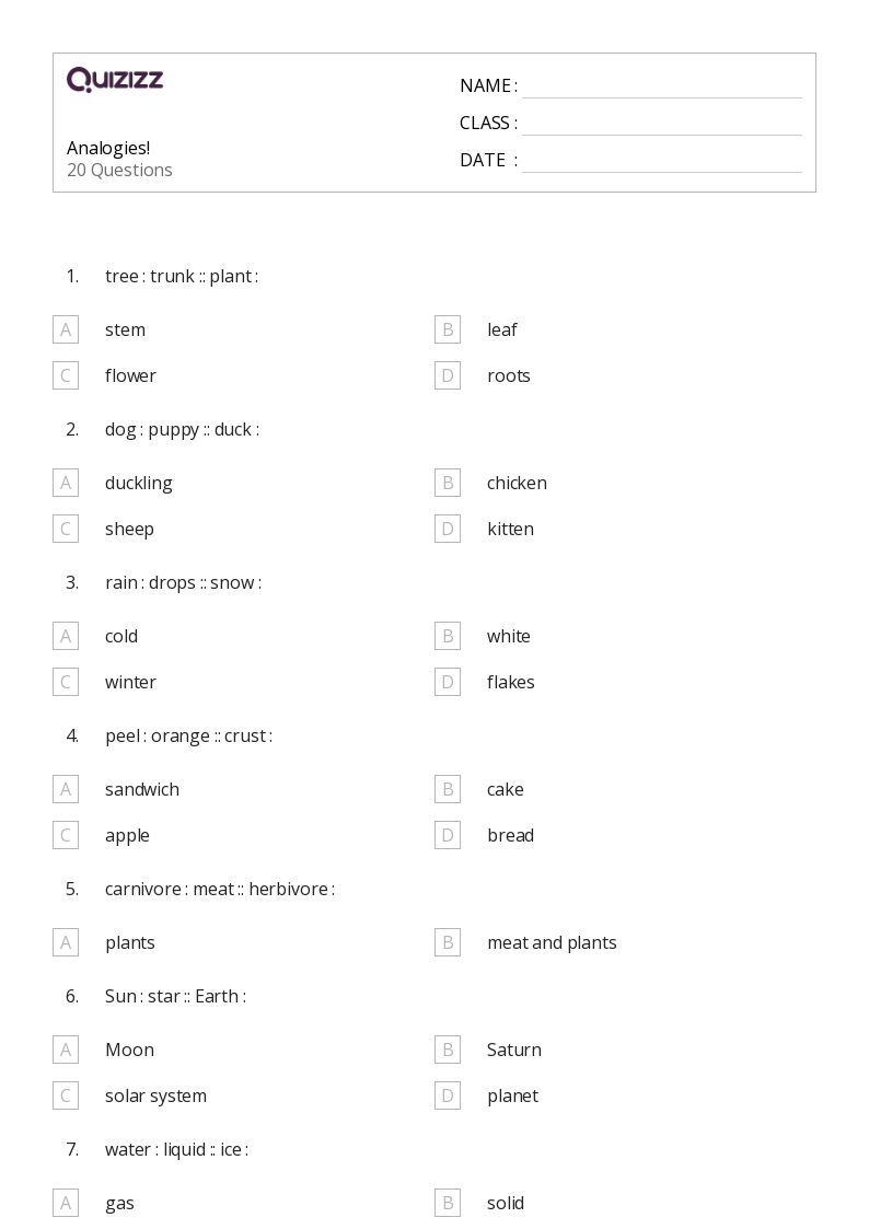50+ Analogies worksheets for 5th Class on Quizizz | Free &  Printable