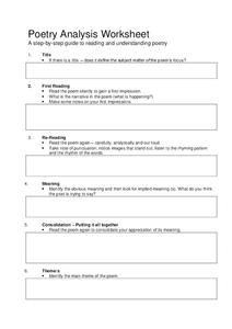 Poetry Analysis Worksheet for 6th - 12th Grade | Lesson Planet