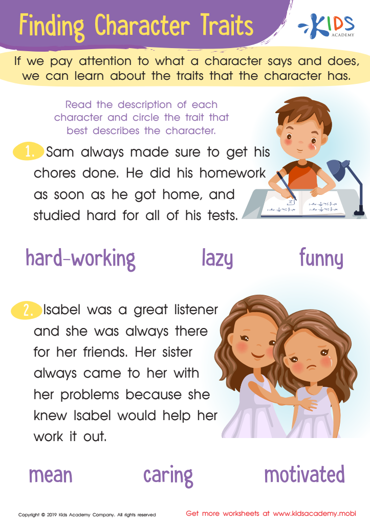 Finding Character Traits Worksheet for kids