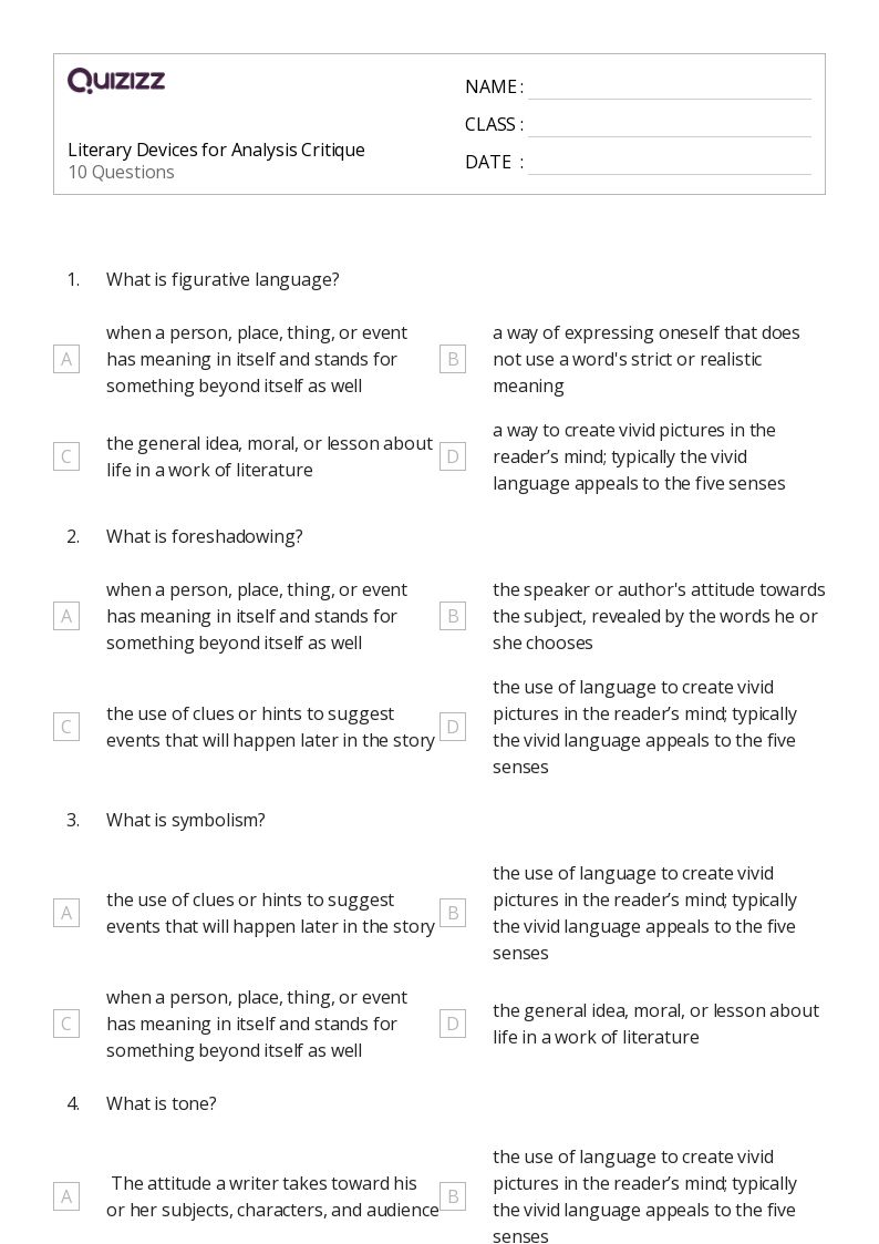 analyzing literature worksheet answers