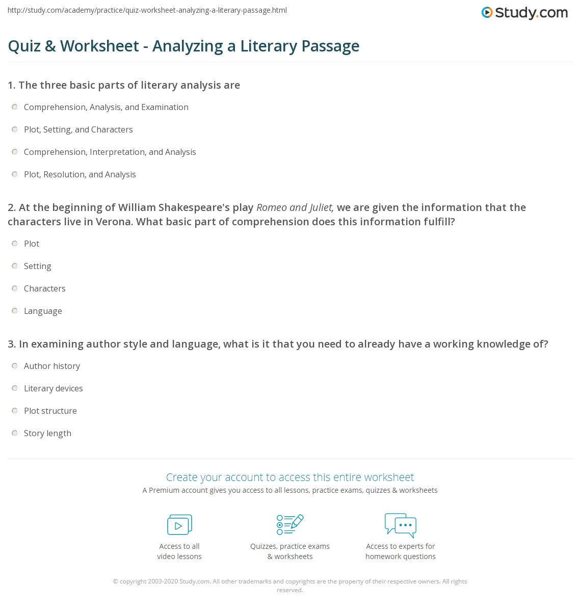 Quiz &  Worksheet - Analyzing a Literary Passage | Study.com