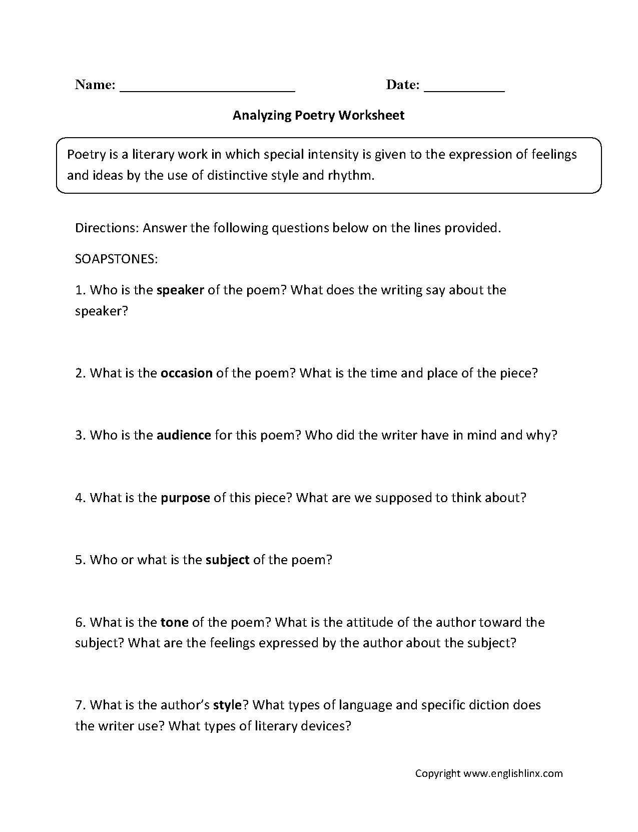 Analyzing Poetry Worksheets | Analyzing poetry, Poetry worksheets ...