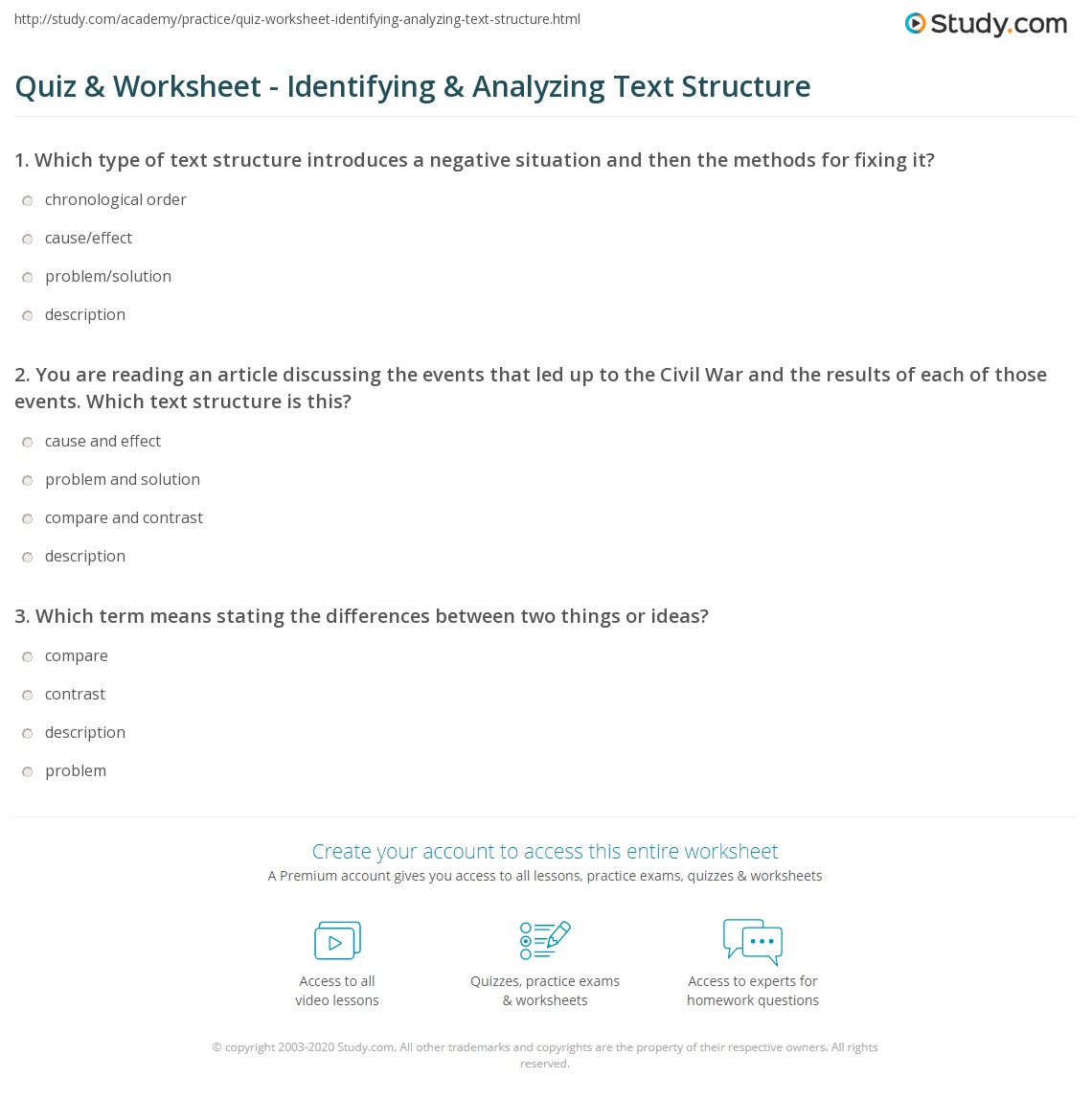 Quiz &  Worksheet - Identifying &  Analyzing Text Structure | Study.com