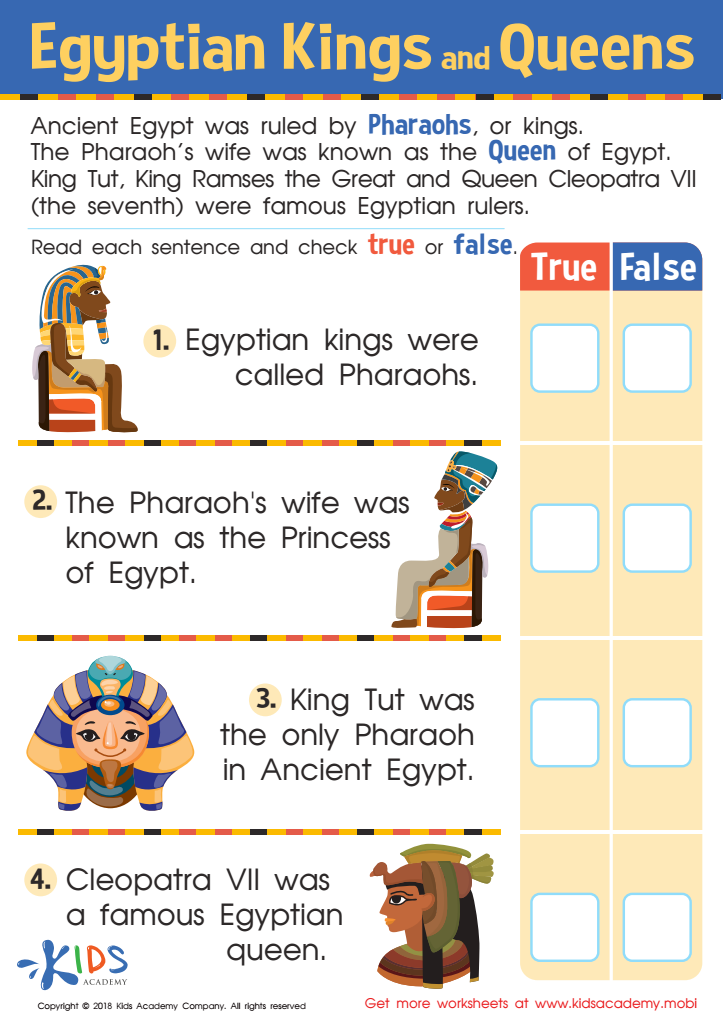 Egyptian Kings and Queens Worksheet for kids