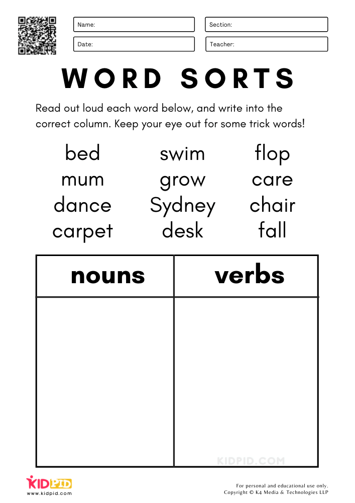 Word Sorts - Nouns and Verbs Worksheets for Kids - Kidpid