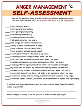 Anger Management Self-Assessment Fillable Worksheet Kids Teens ...