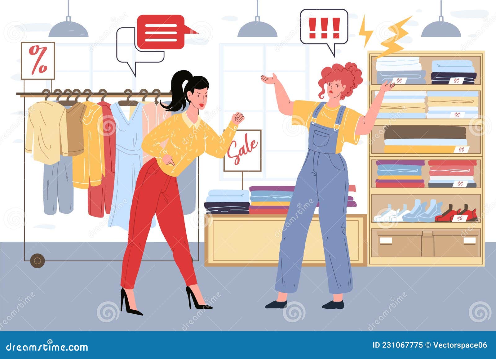 Flat Cartoon Pair of Quarreling Characters in Clothing Store ...
