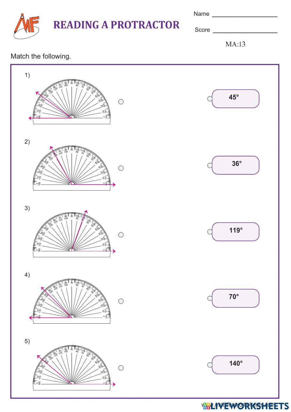 Measuring Angles using a protractor interactive worksheet | Live ...