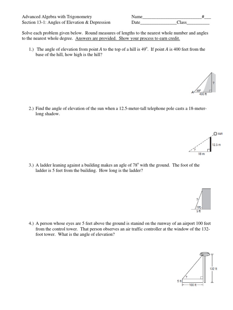 angle of depression worksheet