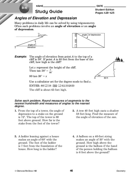 angle of depression worksheet