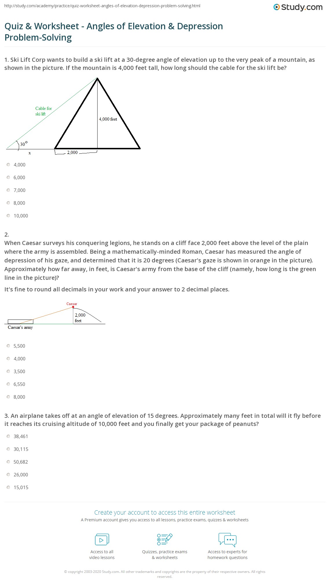 angle of depression worksheet