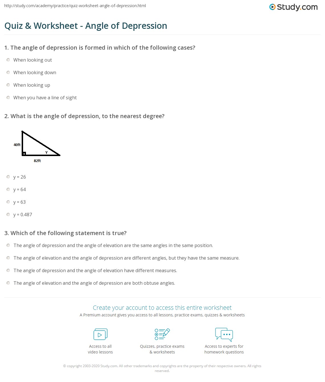 Quiz &  Worksheet - Angle of Depression | Study.com