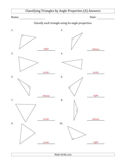 Classifying Triangles by Angle Properties (Marks Included on ...