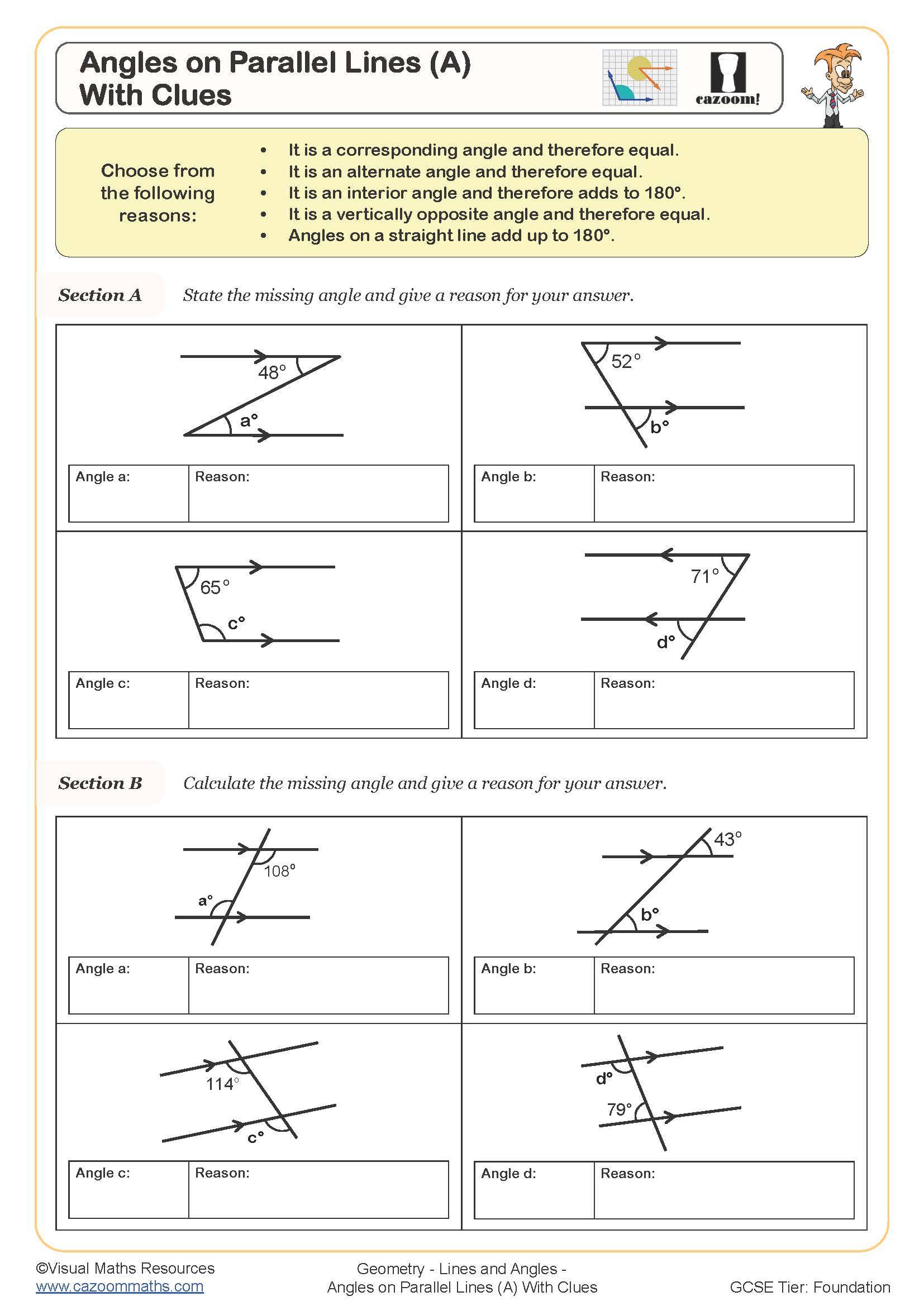Angles On Parallel Lines A With Clues Worksheet Cazoom Maths Angles On Parallel Lines A With Clues Worksheet Cazoom Maths