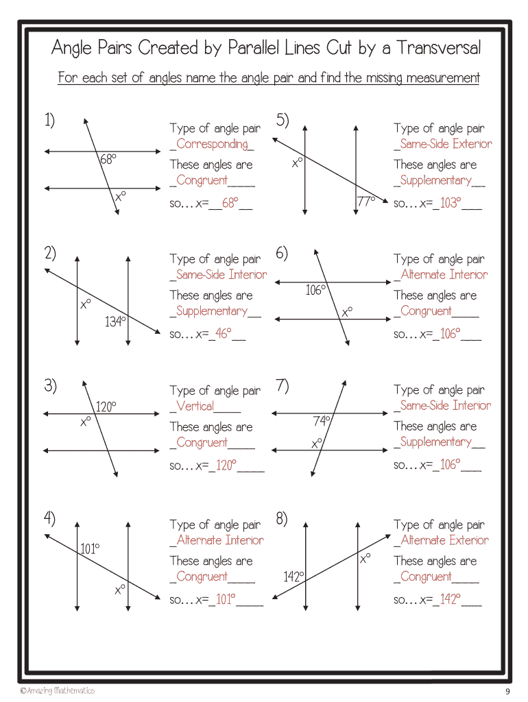 Angle Pairs Created By Parallel Lines Cut By A Transversal - Fill ...