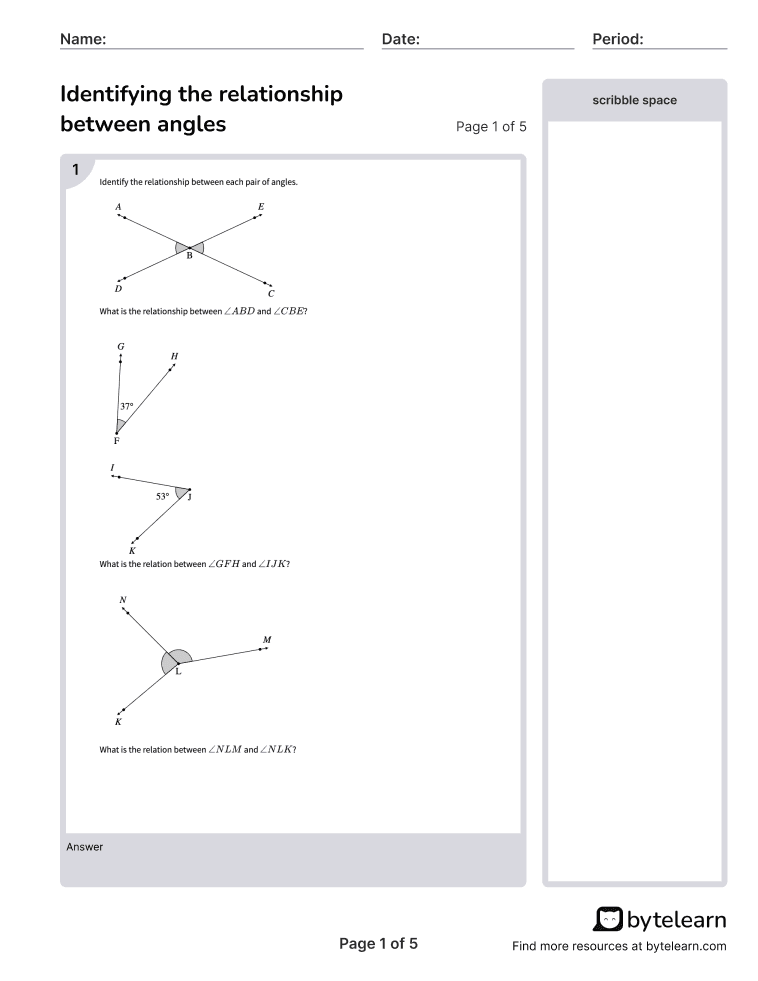 Identify Angle Relationships Worksheets [PDF] (7.G.B.5): 7th Grade ...