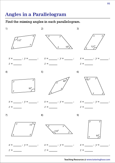 Angles in a Parallelogram Worksheets