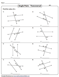 Angles Formed by a Transversal Worksheets