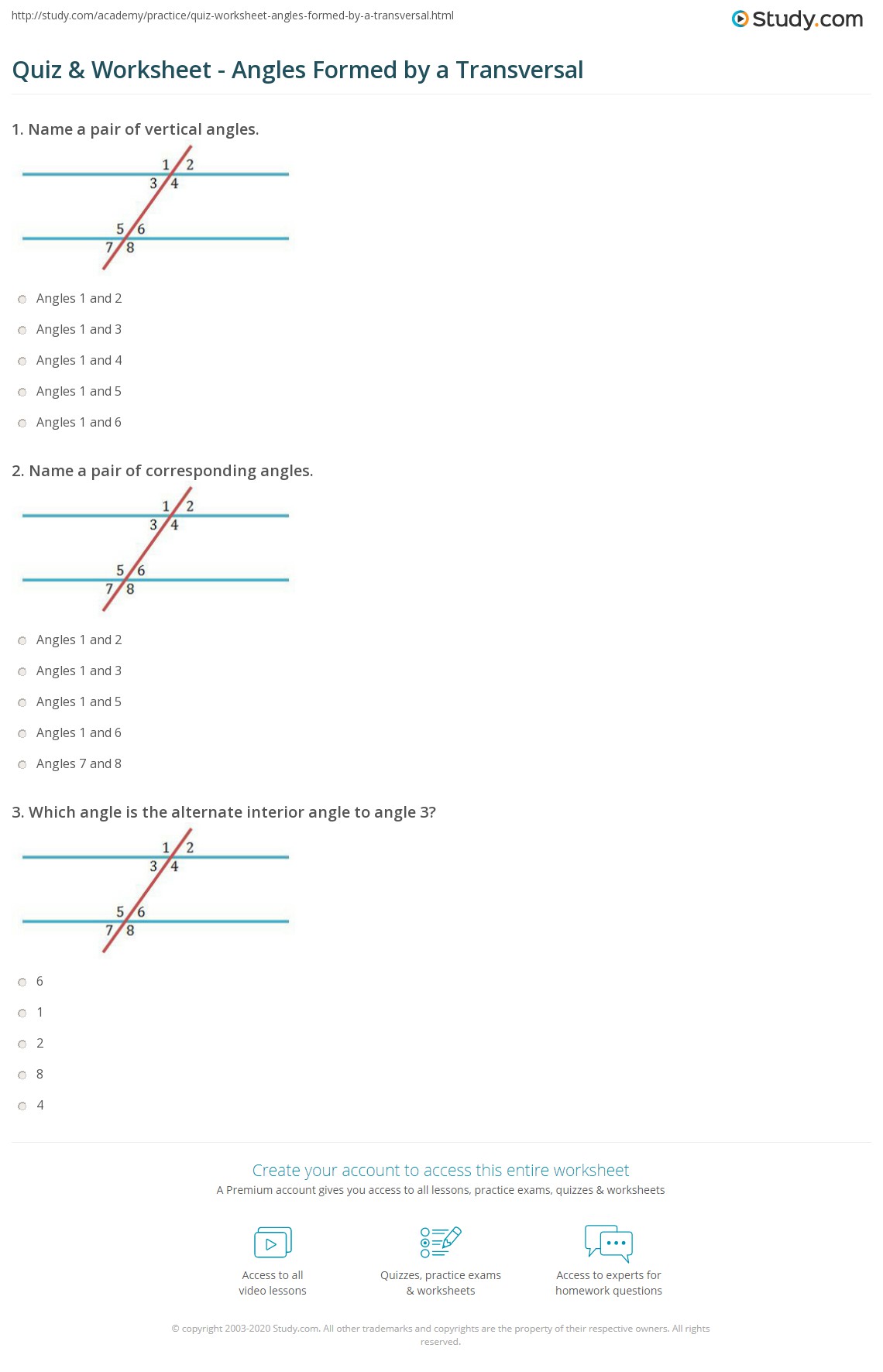 Quiz &  Worksheet - Angles Formed by a Transversal | Study.com