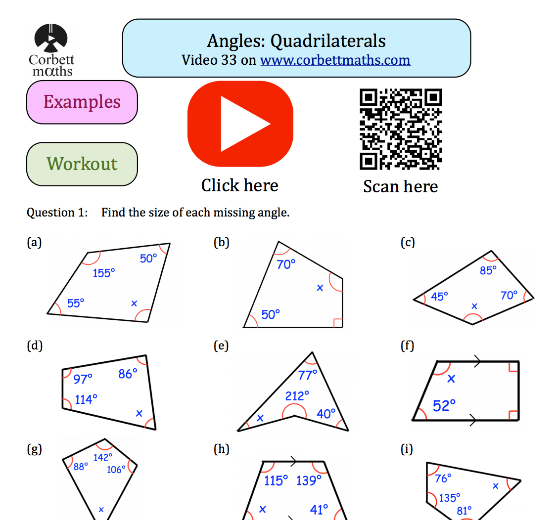 Angles in Quadrilaterals Textbook Exercise - Corbettmaths