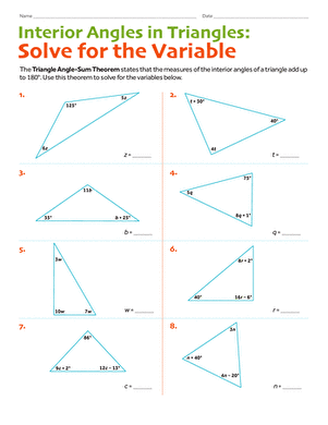 Interior Angles in Triangles: Solve for the Variable | Worksheet ...