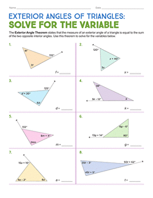 Exterior Angles of Triangles: Solve for the Variable | Worksheet ...