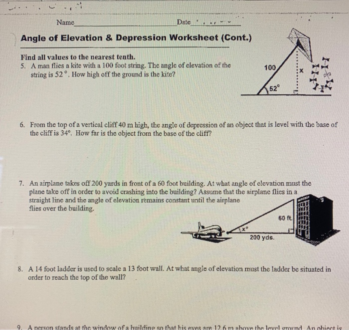 Solved Name Date Angle of Elevation &  Depression Worksheet | Chegg.com