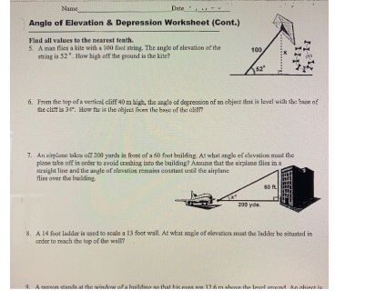 Solved) - Name Date Angle of Elevation &  Depression Worksheet ...
