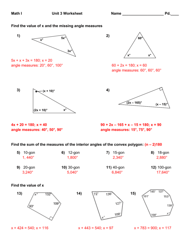 Polygon Angle Measures Worksheet - Math I
